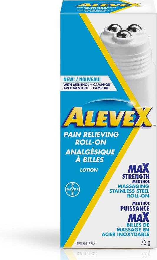 AleveX 局部止痛乳液 - 用于缓解肌肉和关节疼痛、背痛和关节炎疼痛,含有强效清凉薄荷醇和樟脑,配有按摩滚珠涂抹器,72 克