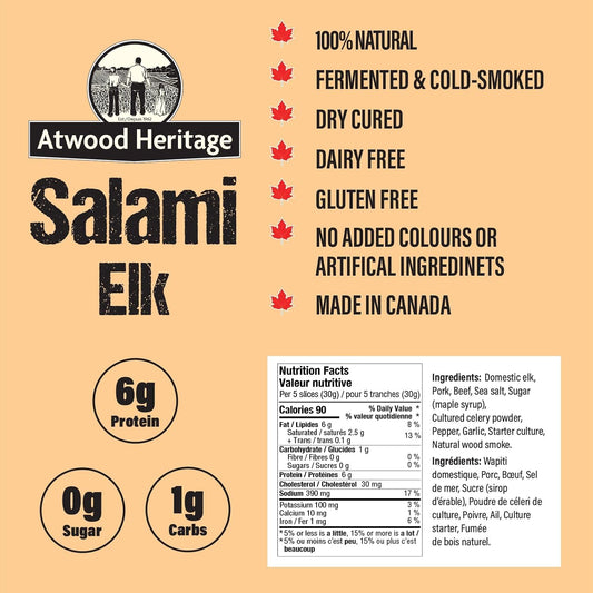Atwood Heritage Elk, Pork & Beef Sliced Salami, 125g, High-Protein, Gluten-Free, Nitrate-Free, Made in Canada