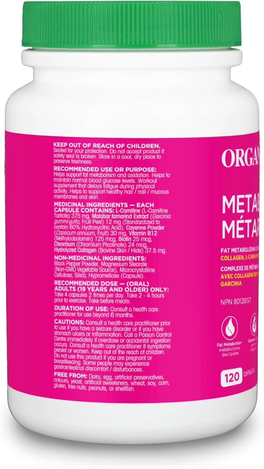 Organika Canadian-Made Metaboost - Collagen, L-Carnitine and Garcinia - Fat Metabolism, Aids Weight Management, Supports Physical Activity - 120caps