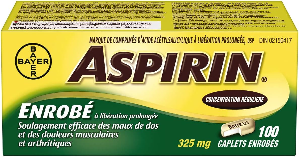 常规强度阿司匹林包衣片,325毫克ASA,有效缓解背痛、肌肉酸痛、身体疼痛和关节炎疼痛。延缓释放包衣,100粒包衣胶囊