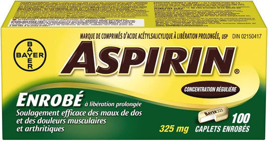 常规强度阿司匹林包衣片,325毫克ASA,有效缓解背痛、肌肉酸痛、身体疼痛和关节炎疼痛。延缓释放包衣,100粒包衣胶囊