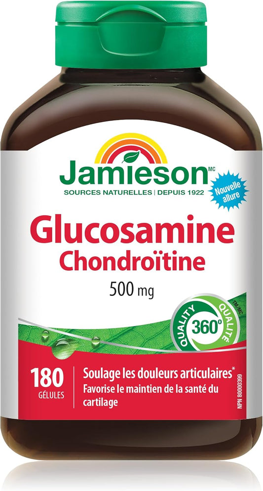 Jamieson 氨基葡萄糖软骨素 500 毫克,缓解关节疼痛,支持骨关节炎,并防止软骨退化。不含麸质,不含人工香料或防腐剂,180 粒软胶囊,加拿大制造
