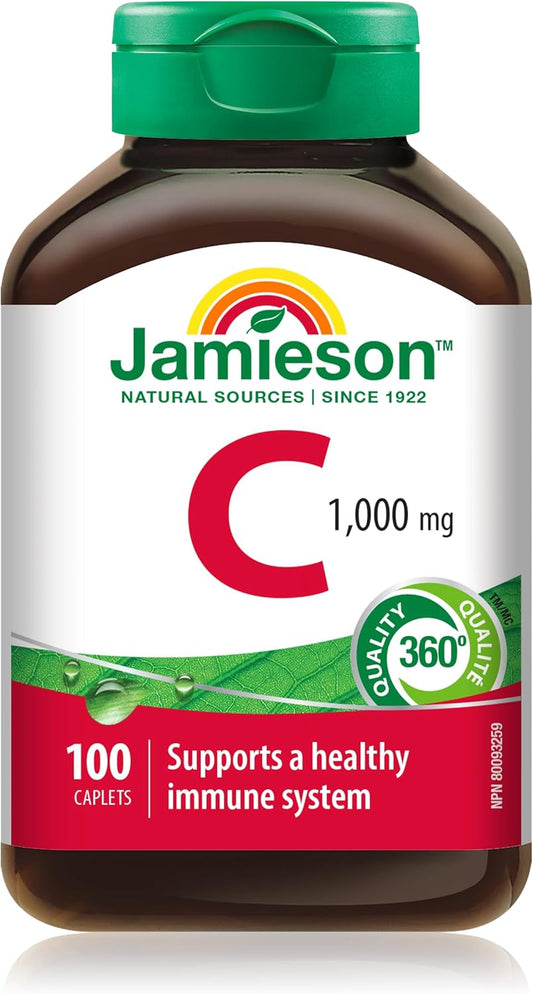 Jamieson 维生素 C 1000 毫克胶囊,抗氧化保护,支持免疫健康,强健牙齿和骨骼。素食,无麸质,100 粒胶囊,加拿大制造