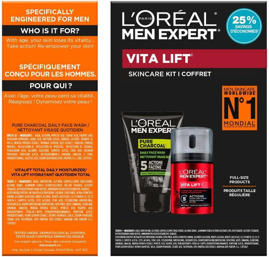 L’Oréal Paris Daily Face Wash + Hydrating Face Cream Kit, Men Expert Skincare, Pure Charcoal Face Wash, Removes Impurities and Reduces Blackheads & Vita Lift Face Cream, Duo Pack