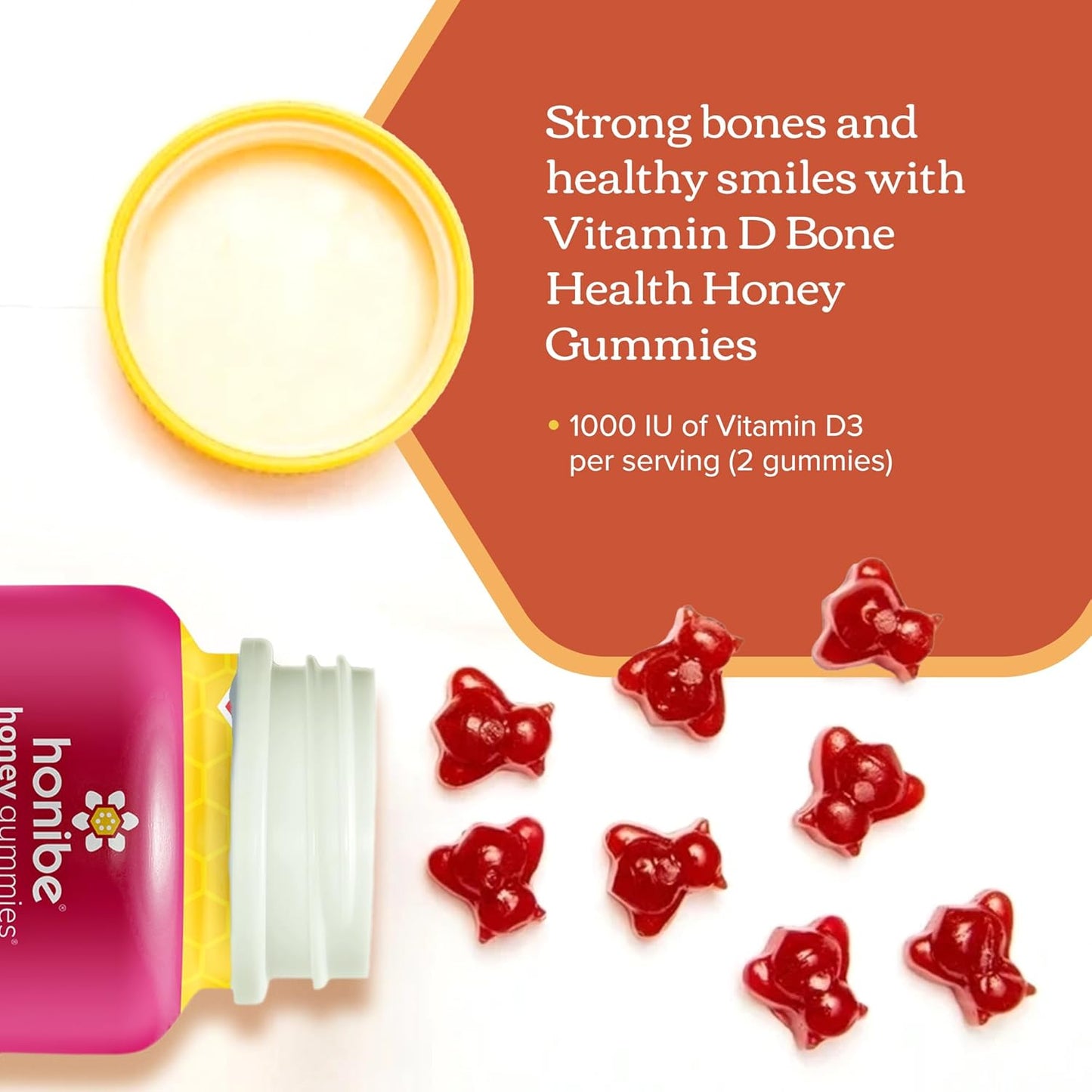 Honibe 維生素 D 軟糖,適合兒童和成人 | 加拿大製造的蜂蜜維生素 | 維生素 D3 有助於支持骨骼健康、情緒和免疫系統功能 | 素食咀嚼維生素 D 補充劑 | 70 粒軟糖