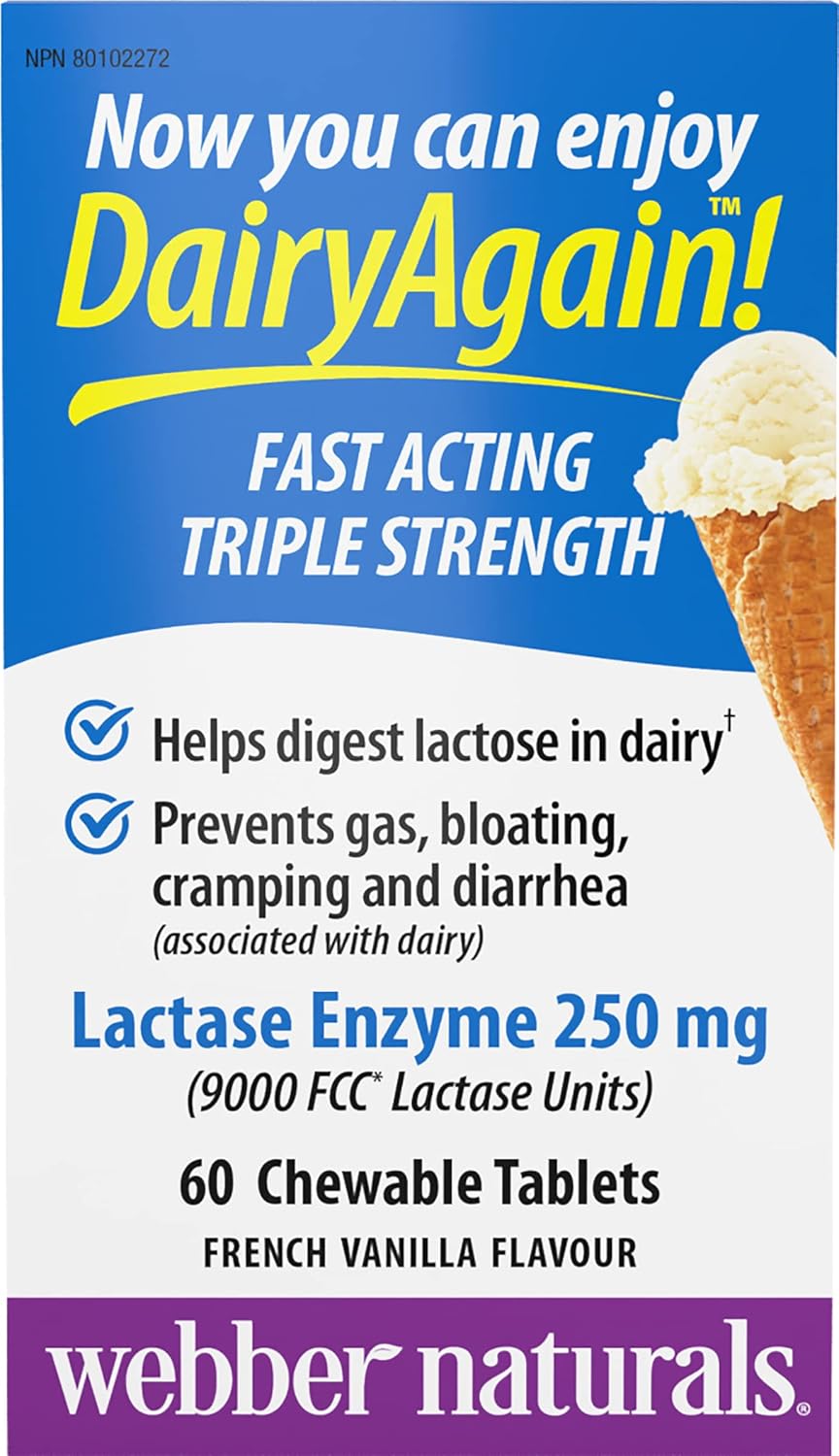 Webber Naturals Dairy Again 乳糖酶 250 毫克,60 片法國香草口味咀嚼片,幫助消化牛奶和乳製品中的乳糖