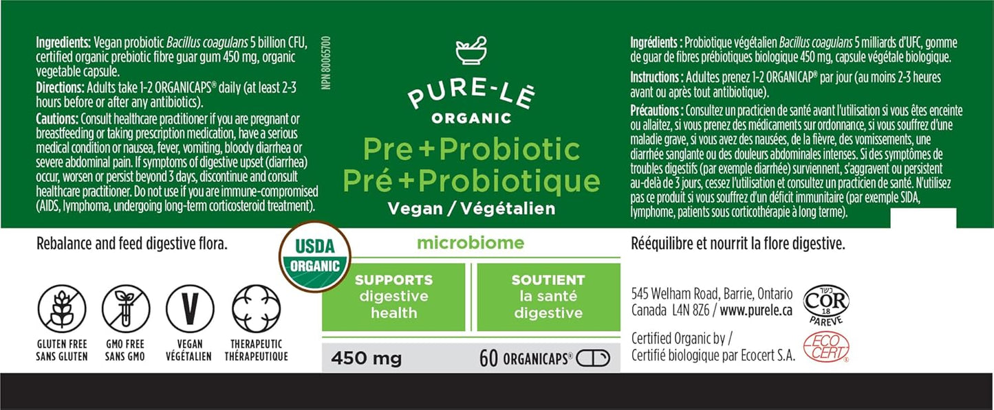 Pure-lē Organicaps – Organic Prebiotic + Probiotic Capsules, 60 Count