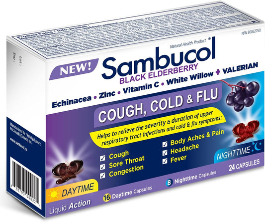 Sambucol Black Elderberry – Cough, Cold and Flu Day/Night| Helps Relieve Congestion, Fever Sore Throat & Head Pain | Black Elderberry, White Willow| 24 Hard Capsules (18 Day/6 Night)