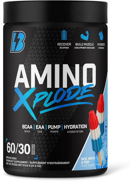 BULL Nutrition Amino Xplode – 12克 EAA/BCAA + 4.5克 Pump 和 500毫克電解質水合混合物 – 加拿大製造 – 60/30 份 – 火箭汽水口味(紅、白和汽水)
