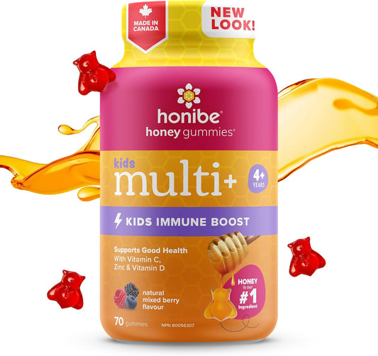 Honibe 儿童复合维生素软糖,增强免疫力 | 加拿大制造蜂蜜维生素 | 儿童咀嚼软糖维生素 | 儿童素食维生素软糖 | 儿童锌维生素小蜜蜂软糖 | 70 粒软糖