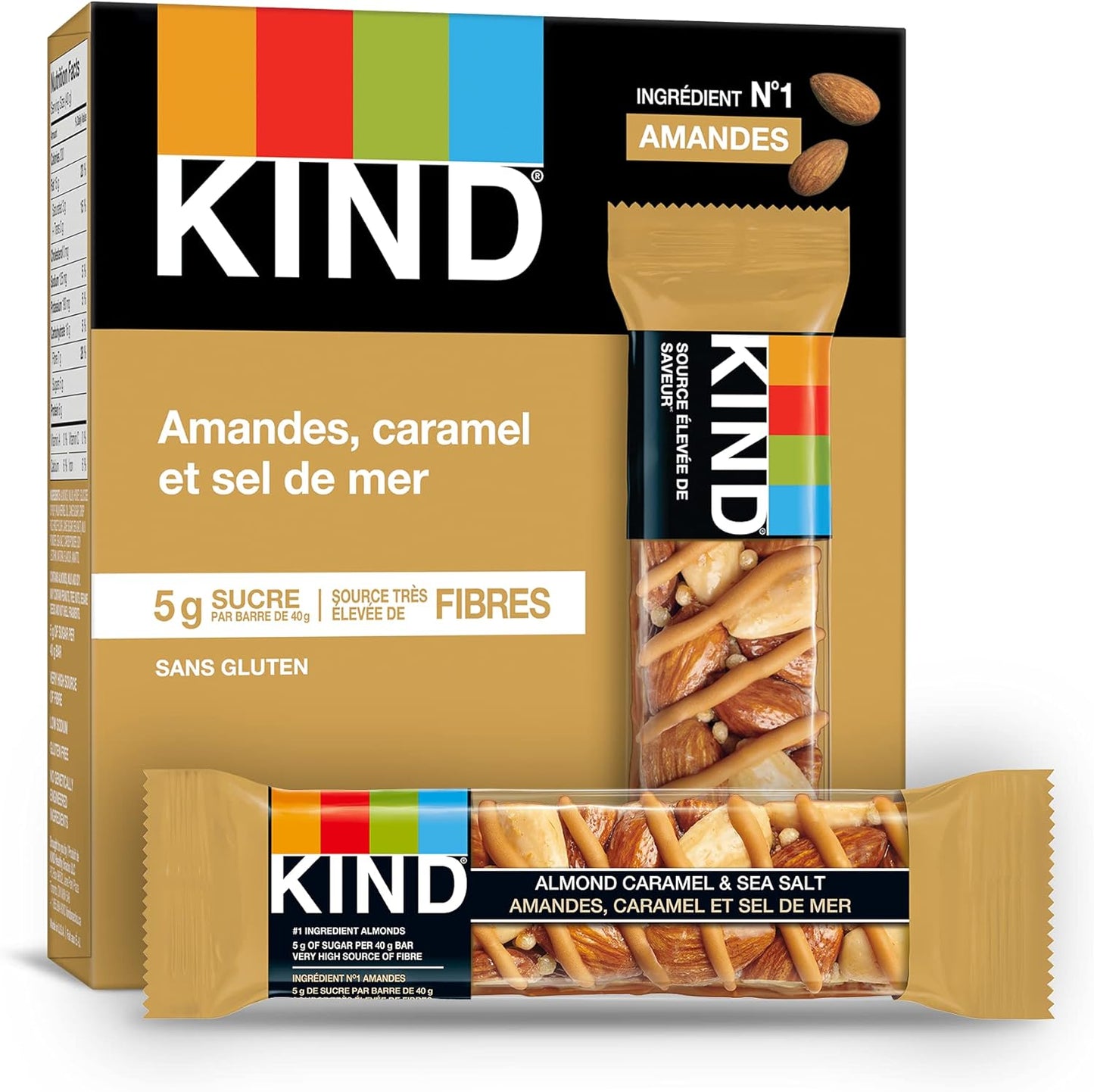 KIND 能量棒,坚果海盐黑巧克力,无麸质,低糖,40 克,12 块;水果坚果焦糖杏仁海盐,无麸质,低糖,1.4 盎司,5 块