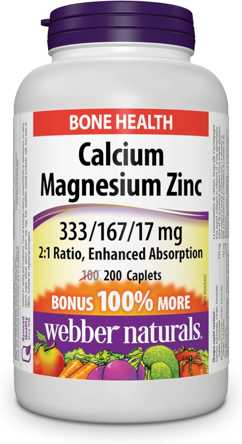 Webber Naturals 葡萄糖胺軟骨素 MSM 鈣鎂鋅膠囊,200 粒,增強吸收,有助於支持骨骼和牙齒,純素
