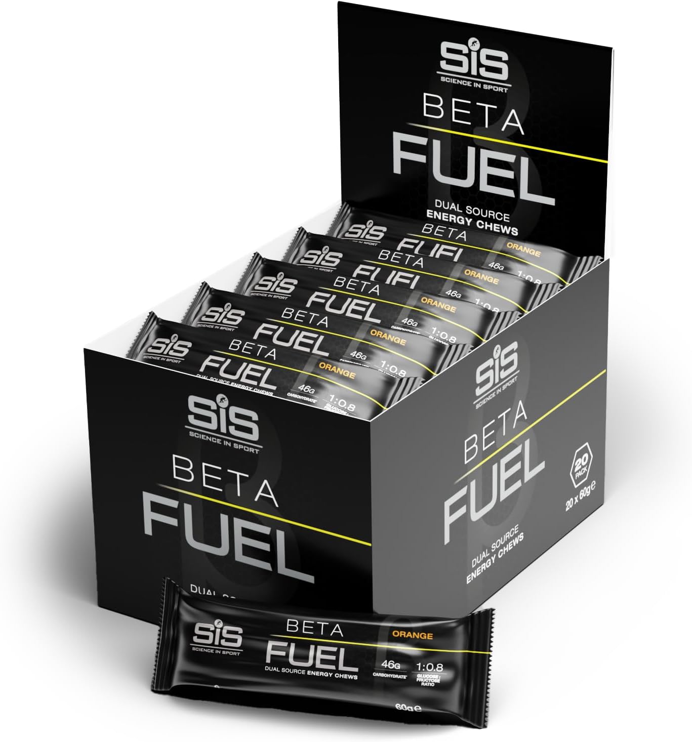 Science in Sport Beta Fuel Dual Source Energy Chews, Energy Bars, 46g of Carbs, 60g Bar (60g (pack of 20), Orange)