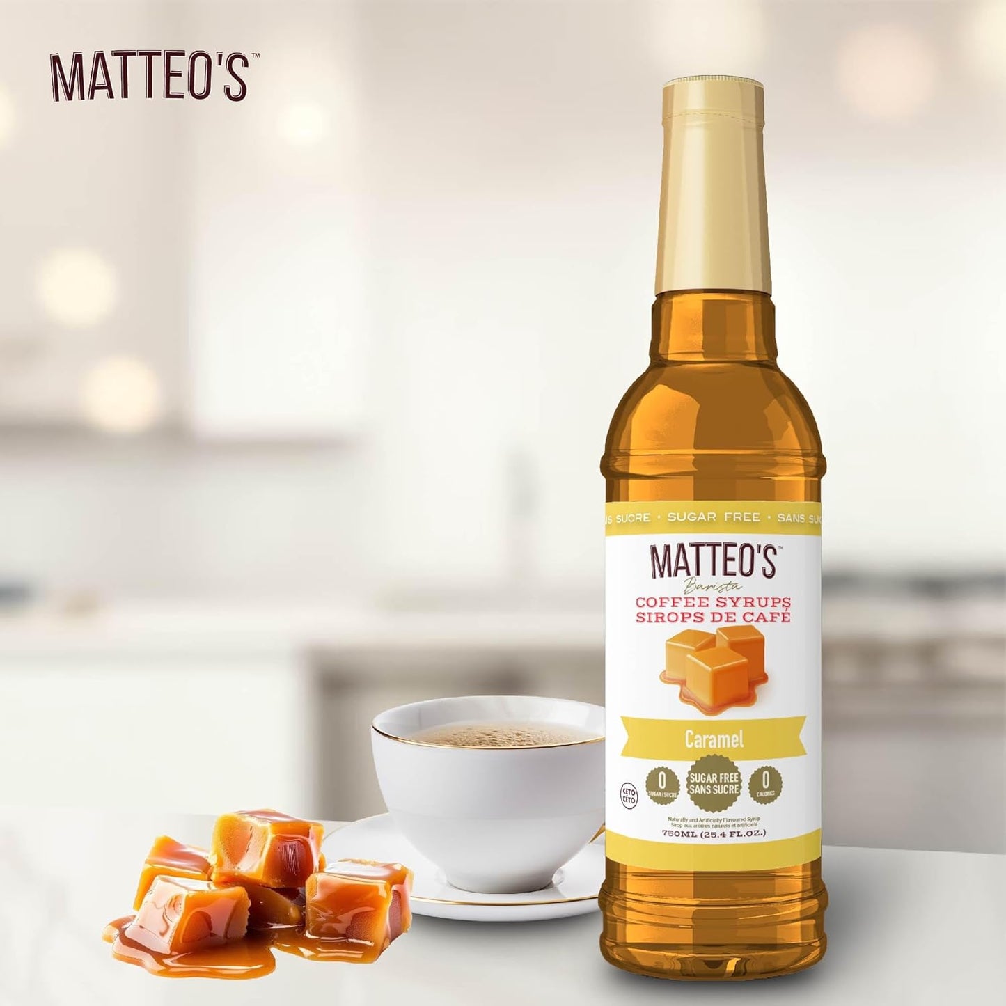 Matteo's Barista 风格无糖咖啡糖浆,焦糖糖浆口味,零卡路里和糖,酮类咖啡糖浆,美味风味咖啡糖浆 - 25.4 盎司糖浆瓶,1 包