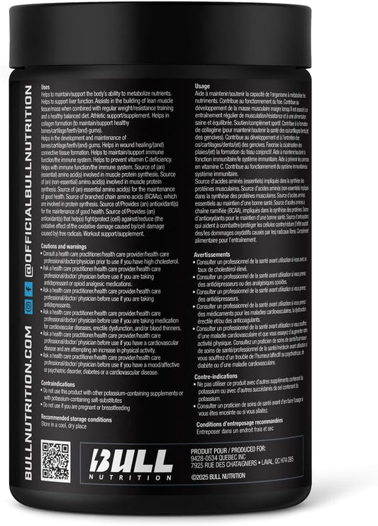 BULL Nutrition Amino Xplode – 12克 EAA/BCAA + 4.5克 Pump 和 500毫克電解質水合混合物 – 加拿大製造 – 60/30 份 – 火箭汽水口味(紅、白和汽水)