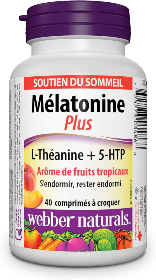 Webber Naturals Melatonin Plus,1.5 毫克褪黑激素,含 L-茶氨酸和 5-HTP,40 片咀嚼片,助眠,纯素