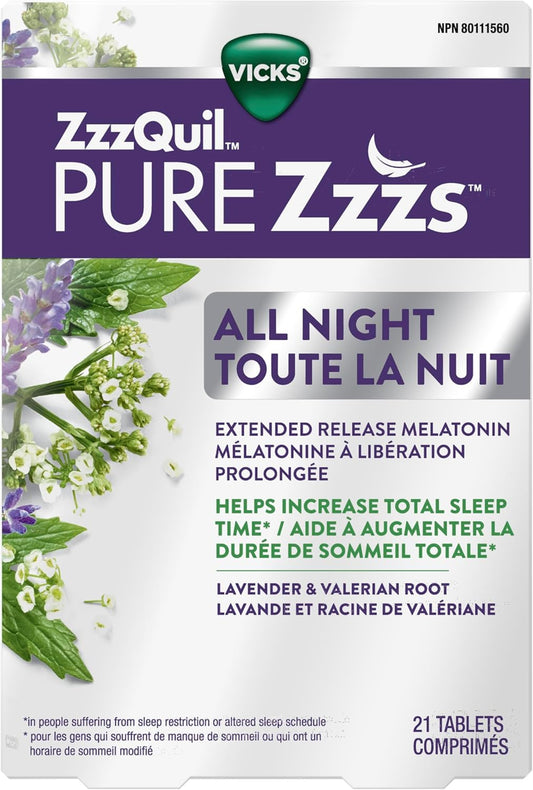 Vicks ZzzQuil PURE Zzzs 夜間緩釋褪黑素助眠片,成人適用,每片含 2 毫克,21 片