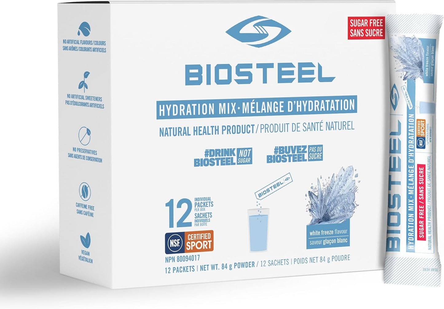 BioSteel 补水混合物,加拿大制造 - 美味补水,零糖,不含人工香料或防腐剂,白色冷冻口味,12 个独立包装