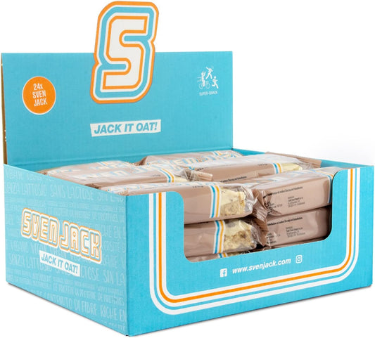 SvenJack Vegan Oat Bar White Chocolate - 24 × 125g - High‑Fibre, Low‑Sugar, Gluten‑Free Oatmeal Energy Snack with White Chocolate Coating & Cocoa Flakes