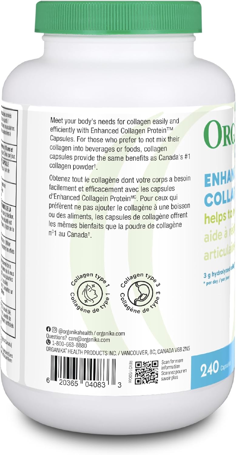 Organika 增強型膠原蛋白膠囊 - 有益於頭髮、皮膚、指甲和關節健康 - 水解,吸收更佳 - 草飼,非基因改造 - 240 粒膠囊