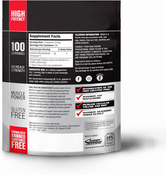 Inner Armour 肌酸 Creapure - 增強肌肉力量和耐力 - 改善睡眠品質 - 快速溶解、無味、素食友好型健身補充劑 - 300 克