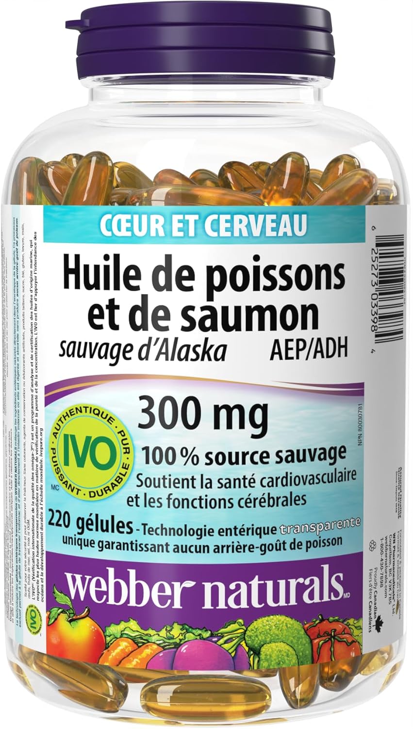 Webber Naturals 鮭魚和魚油 300 毫克,220 粒透明腸溶無魚腥味軟膠囊,支持心血管健康和大腦功能