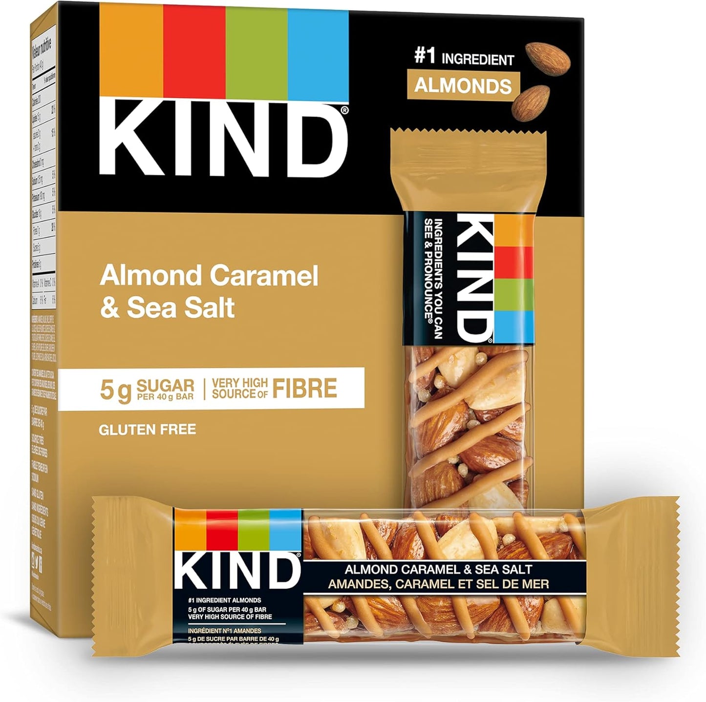 KIND 能量棒,坚果海盐黑巧克力,无麸质,低糖,40 克,12 块;水果坚果焦糖杏仁海盐,无麸质,低糖,1.4 盎司,5 块