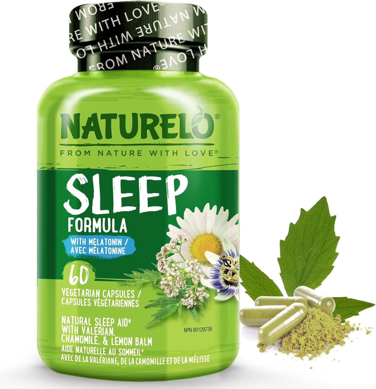 NATURELO 助眠膠囊 - 含褪黑激素、鎂、GABA、纈草根、檸檬香蜂草、洋甘菊草本萃取 - 植物性助眠膠囊 - 60 粒素食膠囊