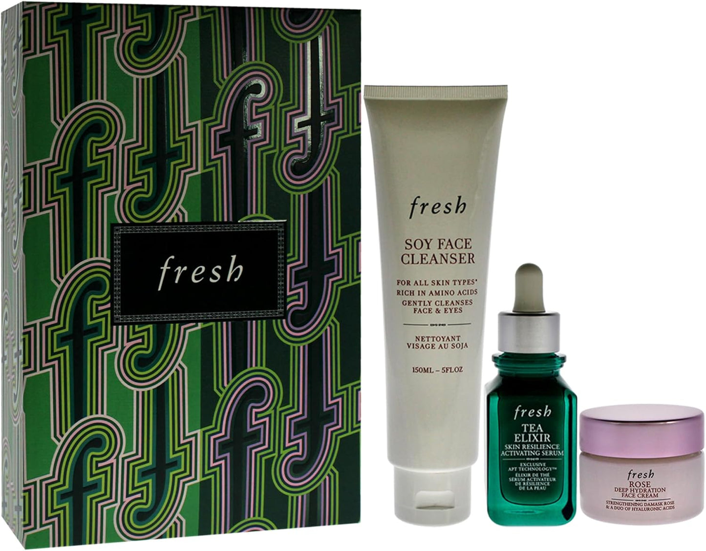 Fresh Resilient Hidrated Skin Trio 5oz Soy Face Cleanser, 1oz Elixir Skin Resilience Activating Serum - Tea, 0.5oz Deep Hidration Face Cream - Rose Women 3 Pc
