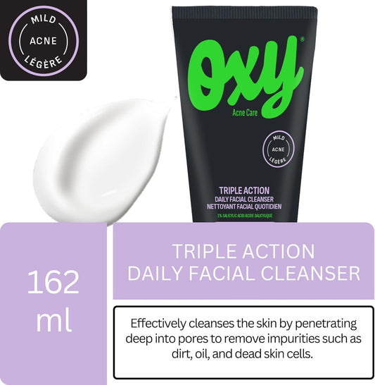 Oxy 三重功效日常潔面乳,經臨床驗證含有水楊酸 (1.0%) – 適用於輕度痤瘡 – 有助於治療痤瘡和預防痤瘡爆發 – 不含對羥基苯甲酸酯和防腐劑 – 經皮膚科醫生測試