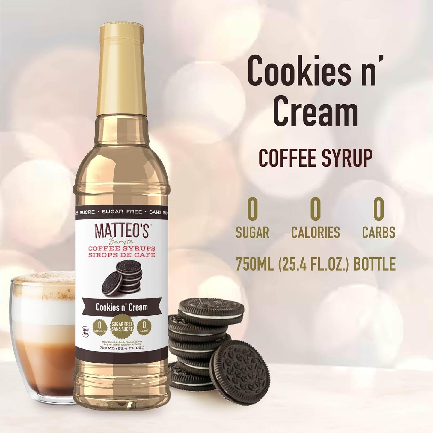 Matteo's Barista 风格无糖咖啡糖浆,曲奇奶油口味,零卡路里和糖,适合生酮饮食,适合拿铁、卡布奇诺、浓缩咖啡、美式咖啡,口感浓郁,25.4 盎司 1 包