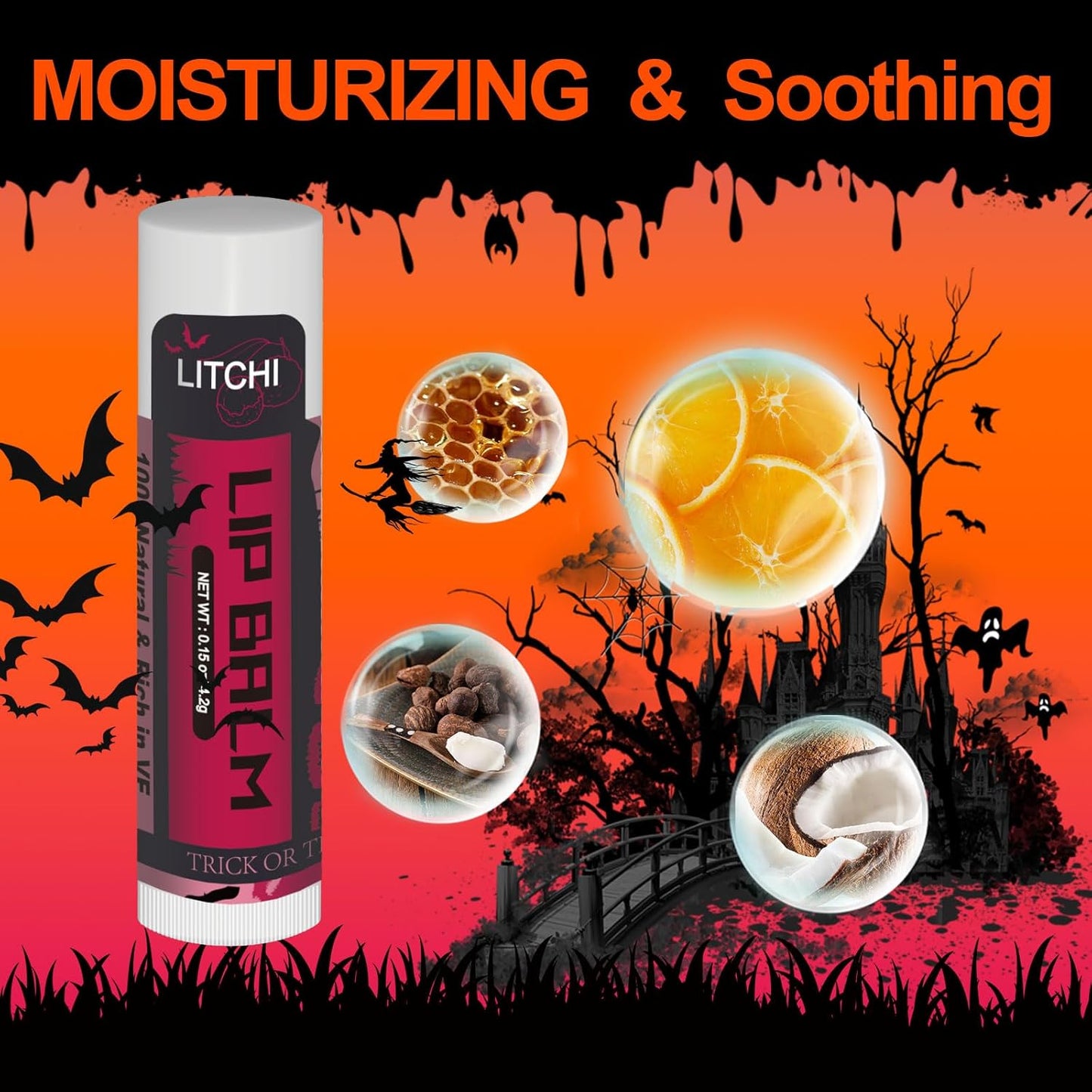 Yopela 76 Pack Halloween Lip Balm in Bulk with Vitamin E and Coconut Oil Lip Care Product - Moisturizing, Soothing, and Repairing Dry and Chapped Lips with 19 Flavors and Party Gift Card