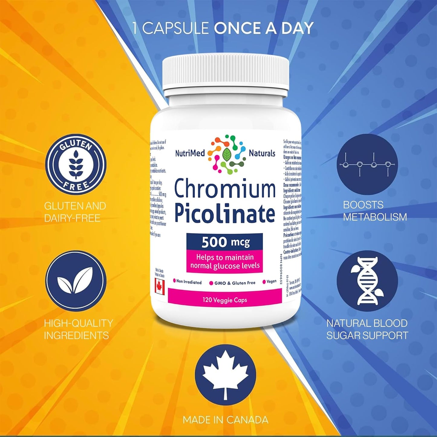 Nutrimed Naturals - Chromium Picolinate 500mcg, 120 Capsules 120-Day Supply - Glucose and Blood Sugar Support - Muscle Mass and Metabolism Support - 3rd Party Tested - Formulated & Made in Canada