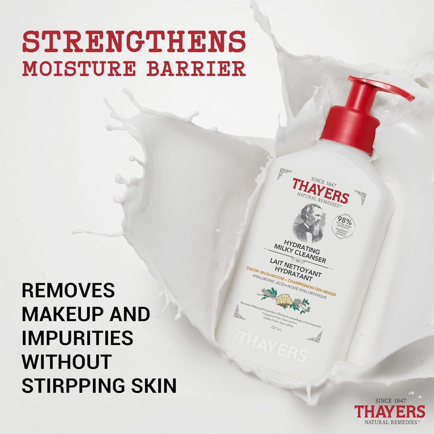 THAYERS Milky Hydrating Face Cleanser with Snow Mushroom and Hyaluronic Acid, Dermatologist Recommended Gentle Facial Wash and Hydrating Skincare for Dry and Sensitive Skin, Paraben Free, 8 FL Oz