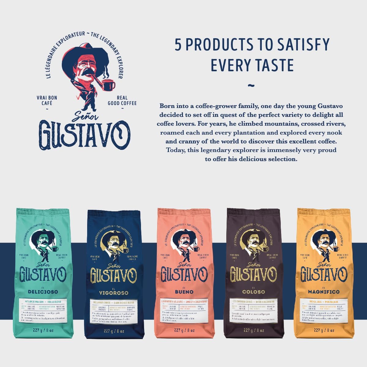 Café Senor Gustavo El Bueno 顺滑哥伦比亚轻度烘焙研磨咖啡,浓郁的咖啡,带有淡淡的花香,犹太洁食认证咖啡,产自中南美洲的咖啡豆 - (227 克)