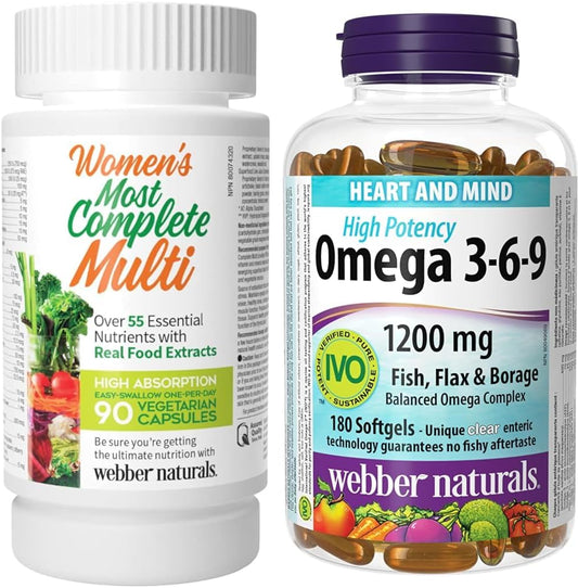 Webber Naturals 女士最全面的复合维生素,90 粒胶囊,每日一粒,含超过 55 种维生素和 Omega 3-6-9 1,200 毫克鱼油,180 粒透明肠溶无鱼腥味软胶囊
