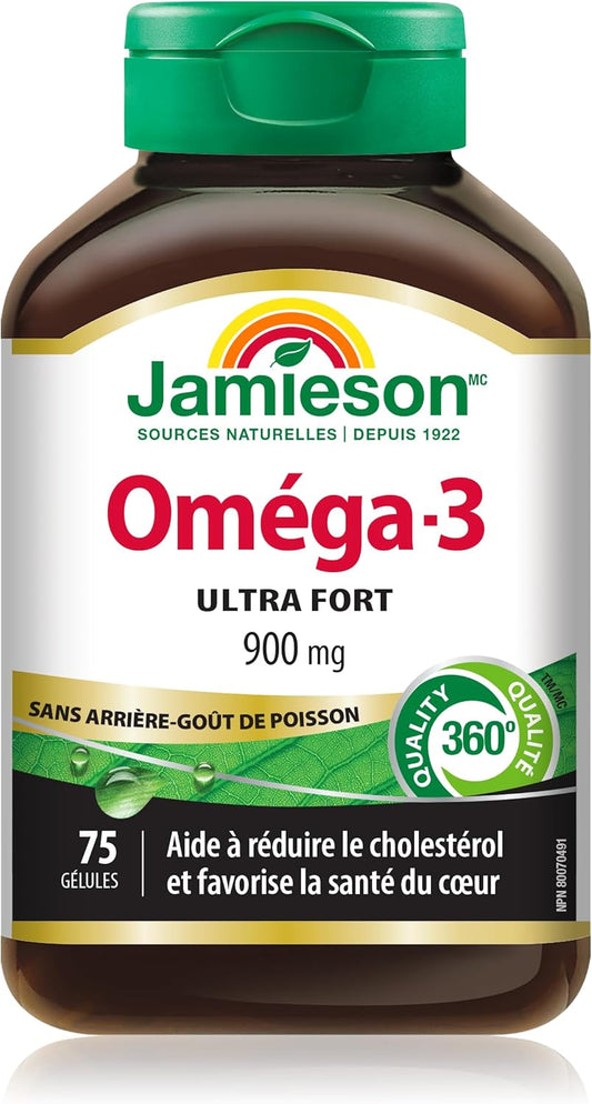 Jamieson 強效 Omega-3 900 毫克,無魚腥味,支持心臟、大腦和眼睛健康,緩解關節炎。高效力,富含 EPA 和 DHA,非基因,無麩質,75 粒軟膠囊,加拿大製造