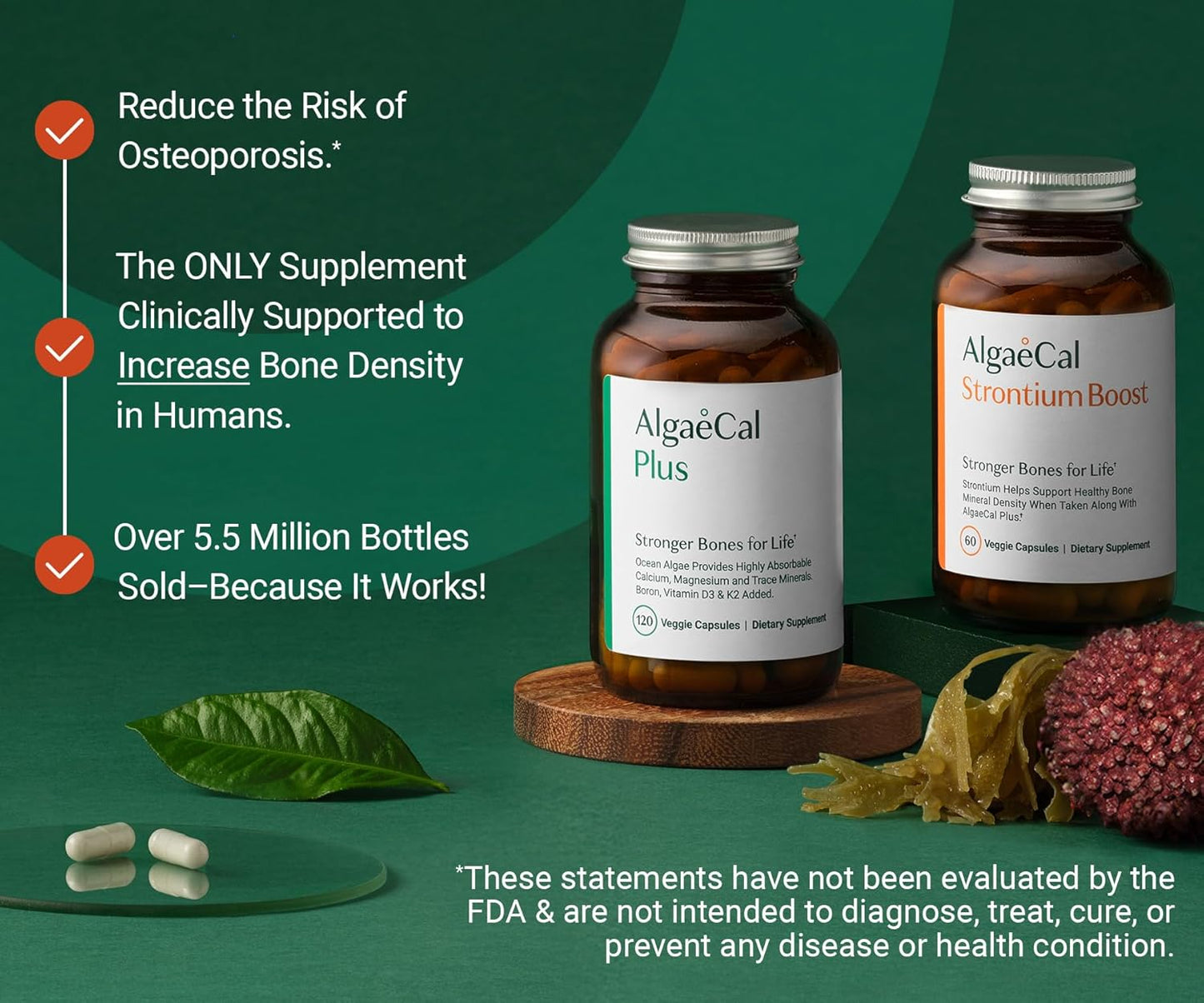 AlgaeCal - Bone Builder Pack for Bone Density, Clinically Supported Plant Based Calcium & Strontium Supplement with Vitamin D3, K2, Magnesium & Trace Minerals for Bone Health, 3 pack, Made in Canada