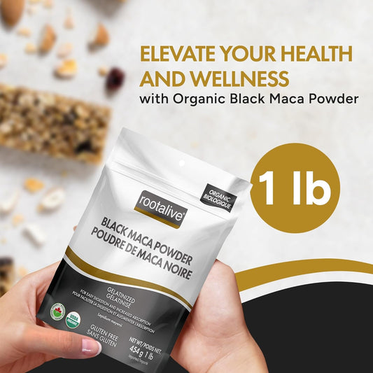 Rootalive Organic Black Maca Powder 454g Gelatinized for High Bio Availability, Easy Digestion and Fast-Absorption, Gluten-Free, Vegan