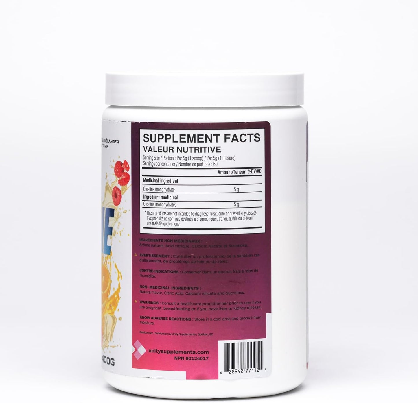 Unity Supplements 調味肌酸一水合物粉 - 促進肌肉生長、恢復、力量和性能 - 5 克純肌酸 - 60 份(400 克) - 易混合配方(覆盆子檸檬水)