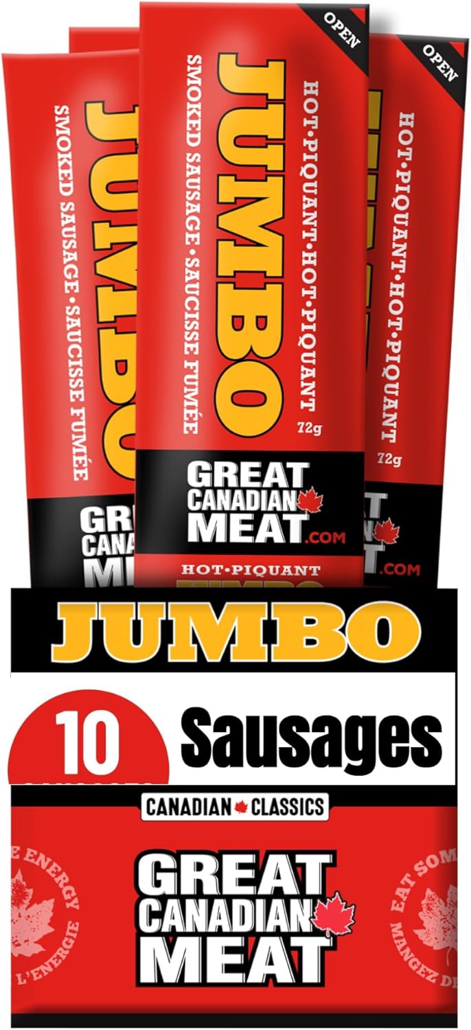 Hot Jumbo Smoked Sausages Locally Made & Hardwood Smoked, 10 x 72g Caddy of Meat Snacks by Great Canadian Meat, Gluten Free, High In Protein Meat Sticks, Sausage Pepperoni Sticks For Carnivores. MRE Perfect For Camping &…