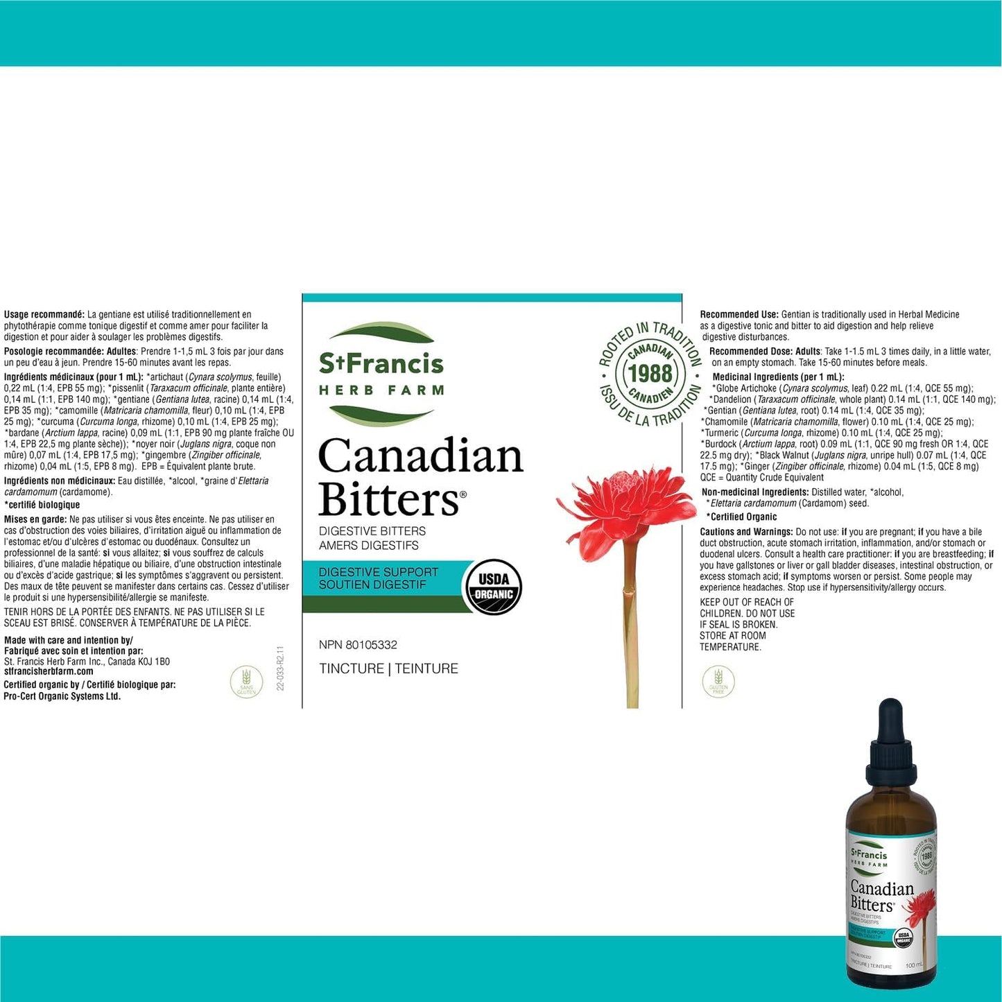 圣弗朗西斯草药农场加拿大苦味酒 (100ml) 天然缓解胃部不适、胃灼热和腹胀 (1 酊剂) 有机认证,不含转基因成分,不含麸质,纯素,素食,加拿大制造,1988 年