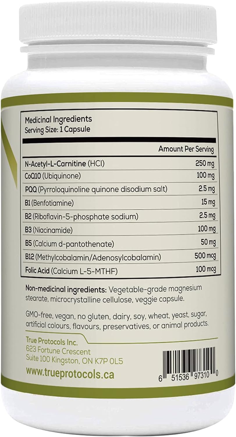 TRUE PROTOCOLS - 粒線體平衡 - 左旋肉鹼 (250 毫克) + 輔酶 Q10 (100 毫克) + PQQ (2.5 毫克) + 維生素 B1、B2、B3、B5、B12 + 葉酸 - 90 粒非瀉藥和高吸收素食膠囊 - 恢復粒線體功能 + ...