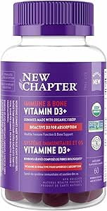 New Chapter 有机维生素 D3+ 软糖 – 含糖量减少 72%§,1,000 IU USDA 有机维生素 D,每日一片,强健骨骼和肌肉功能,非转基因,无麸质,混合莓果味,60 粒