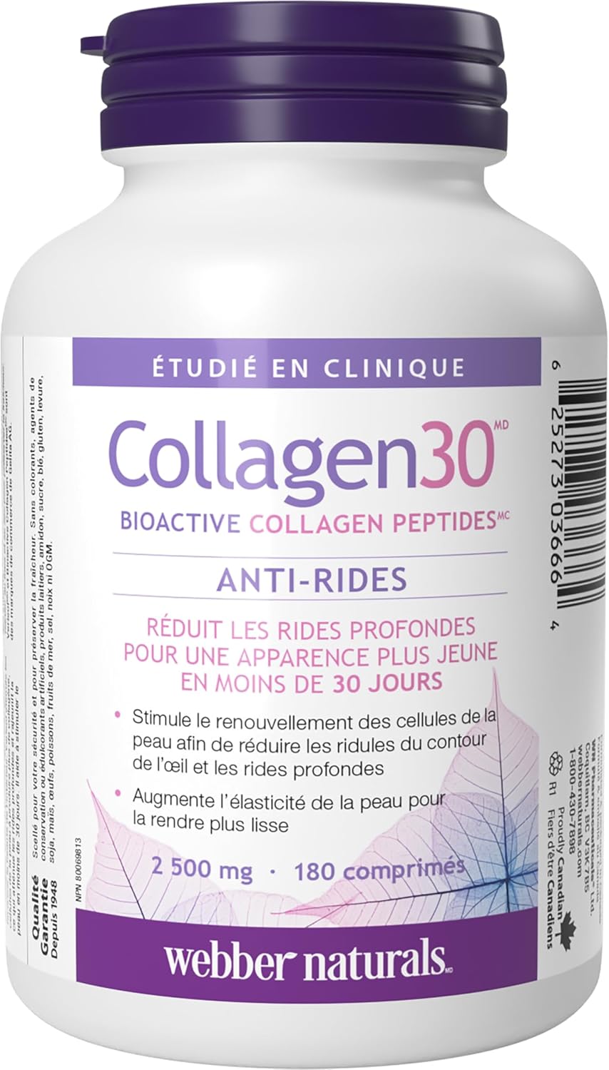 Webber Naturals Collagen30 抗皱片,每份含 2,500 毫克生物活性胶原蛋白肽,180 片,有助于减少深层皱纹、细纹并刺激皮肤细胞