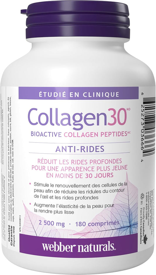 Webber Naturals Collagen30 抗皺片,每份含 2,500 毫克生物活性膠原蛋白勝肽,180 片,有助於減少深層皺紋、細紋並刺激皮膚細胞
