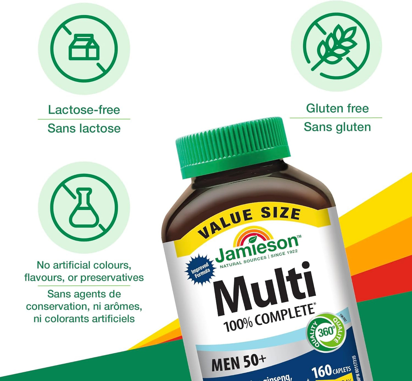 Jamieson 100% 複合維生素,適合 50 歲以上男性,含西伯利亞人參、葉黃素和更多鎂元素。支持免疫力、能量、整體健康、眼部護理和骨骼健康,無麩質,每日一片,160 粒膠囊