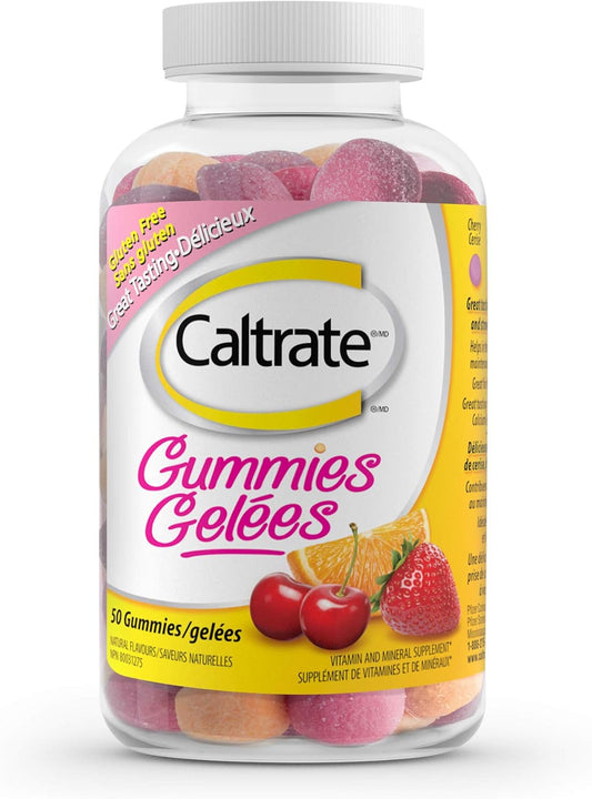 Caltrate Gummies, Vitamin D and Calcium Supplement, Gluten-Free, Orange, Strawberry and Cherry Flavour, 50 Count