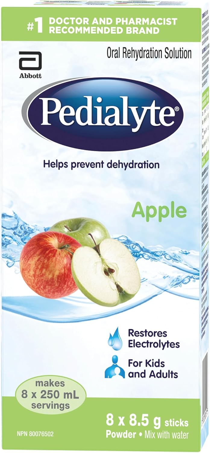 Pedialyte, Electrolyte Powder Sticks, Oral Rehydration Solution, Apple, 8 x 8.5 g, Electrolyte Powder Packets