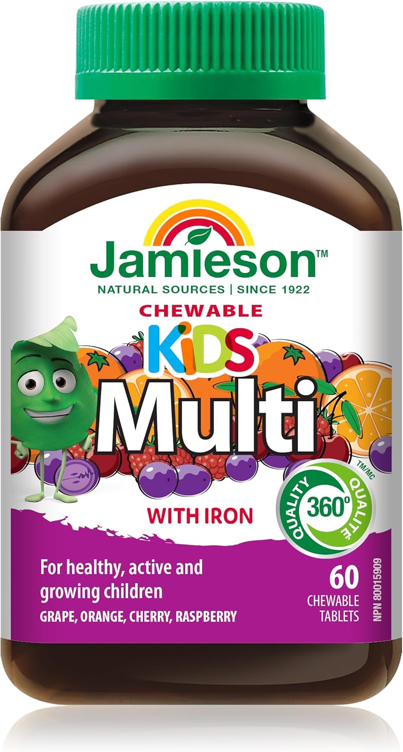 Jamieson 儿童复合维生素咀嚼片,橙子、葡萄、樱桃和覆盆子口味,促进生长发育,强健骨骼和牙齿。预防缺铁,易于消化,无麸质、无乳糖、无添加剂……